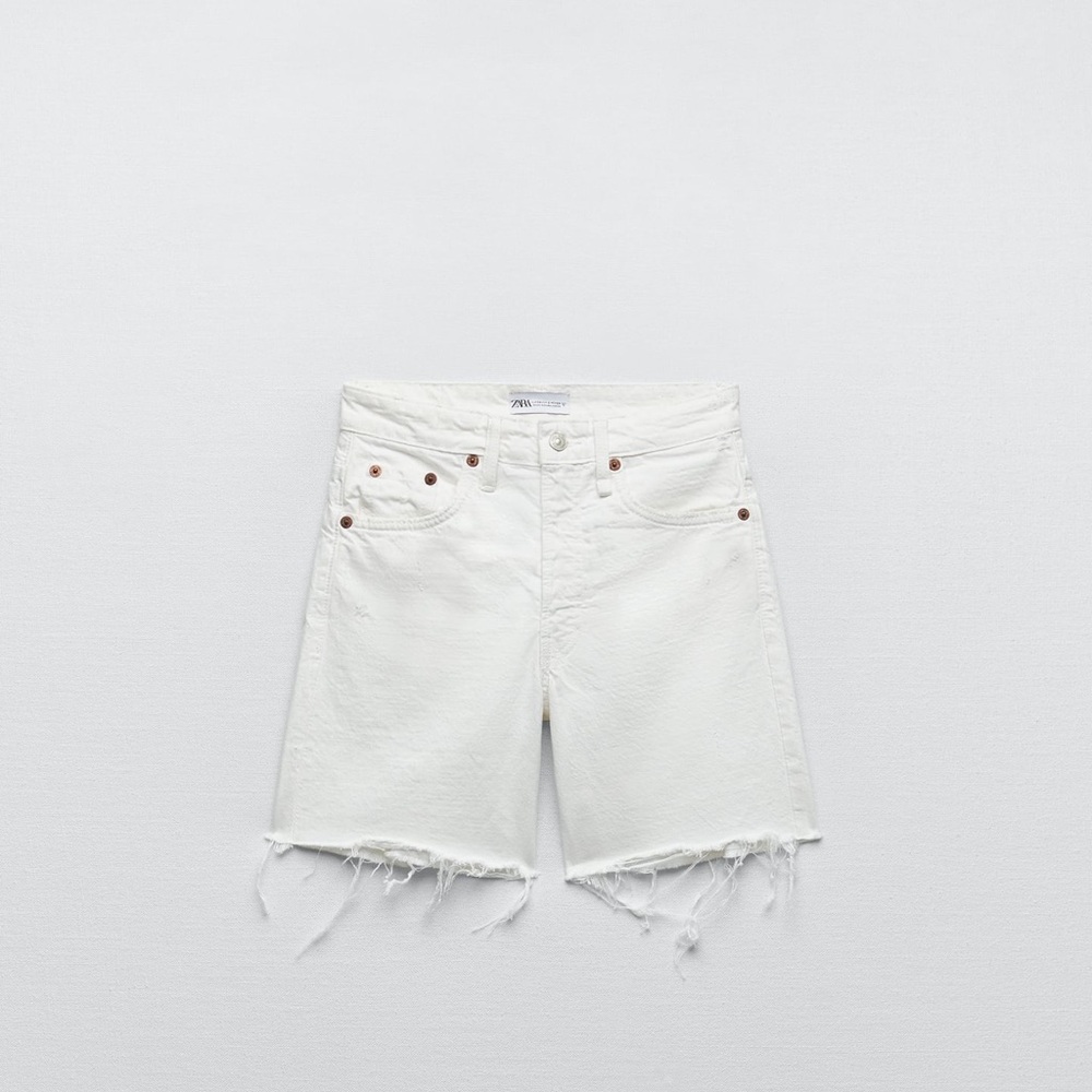 Zara White Distressed Denim Shorts